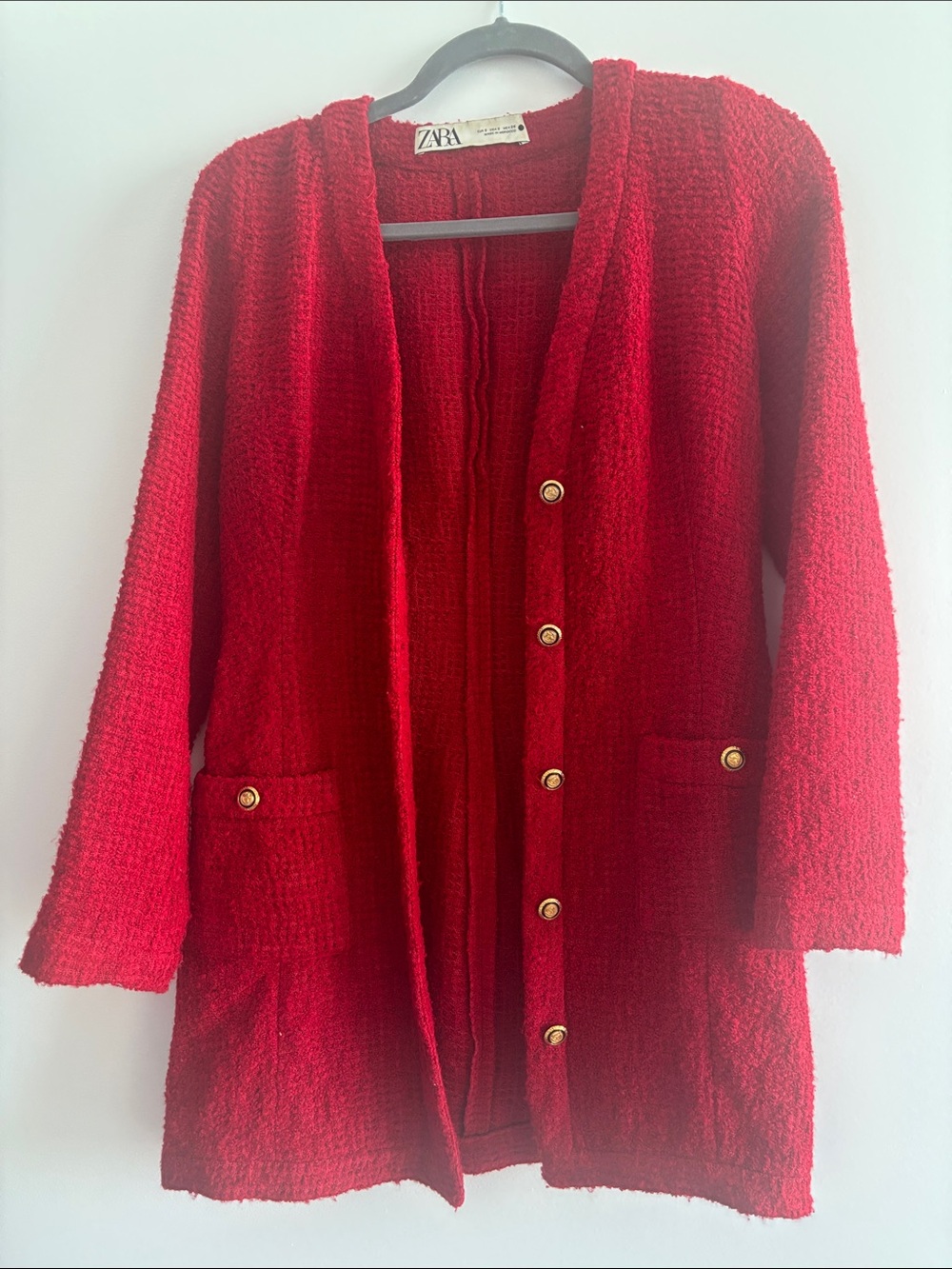 Zara Bright Red Bouclé Cardigan with Gold Buttons